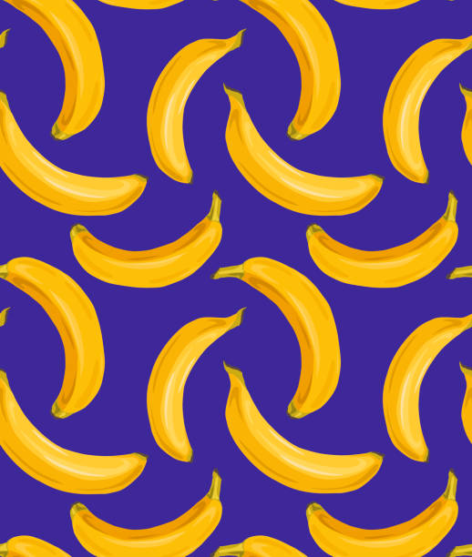 istock Cartoon seamless pattern with juicy bananas on blue background. Tropical fruits. Vector pattern 1281945212