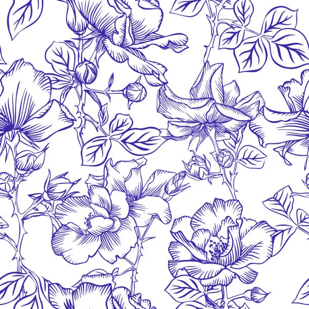 Vector illustration of Floral bloom. Silhouettes of large roses and petals. Outline sketch contour drawing, Line art. Seamless pattern of garden flowers drawn by pen.