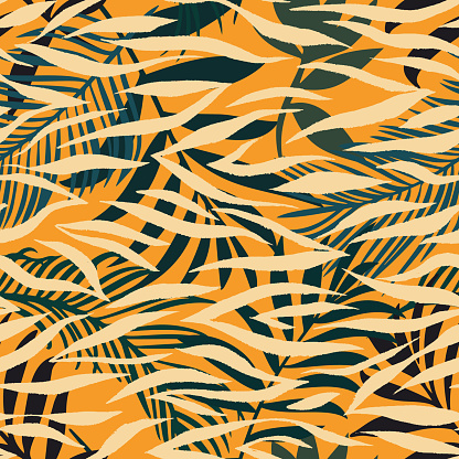 Botanical seamless pattern mixed with tiger zebra stripes skin texture. Hand drawn fantasy exotic sprigs and leafage. Floral background made of herbal foliage leaves for fashion, textile, fabric.