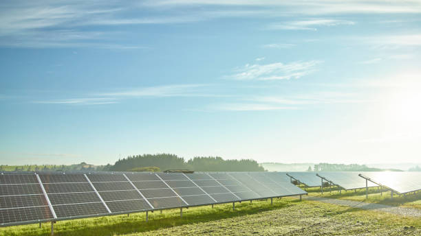 Solar Panels sun rise stock photo