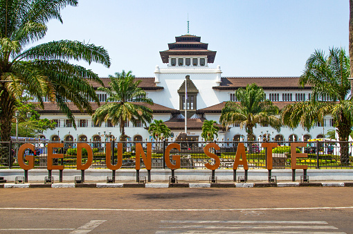 The view of Gedung Sate. Grand Dutch colonial administration building dating to the 1920s, now West Java's government house in Bandung City, Indonesia.