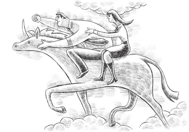 illustrations, cliparts, dessins animés et icônes de croquis de licorne d’équitation de couples d’affaires - running horses