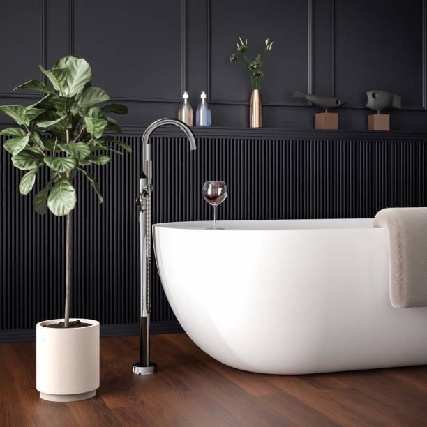 istock White free standing bathtub in a dark paneled bathroom. 3d render 1281956243