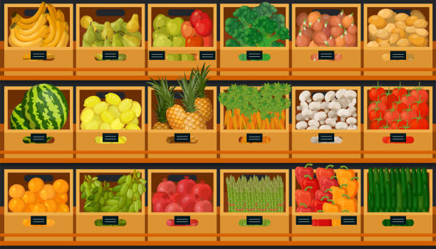 ilustrações, clipart, desenhos animados e ícones de prateleiras de supermercado com frutas e legumes - asparagus vegetable market basket