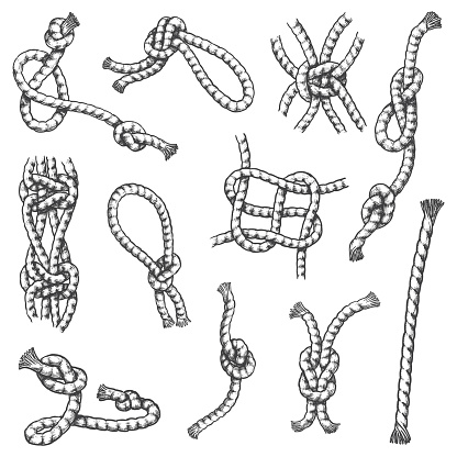 Nautical rope knots, vector sketch icons set. Marine rope knots with different loop hitches, cord bends, twists and cut thread edges