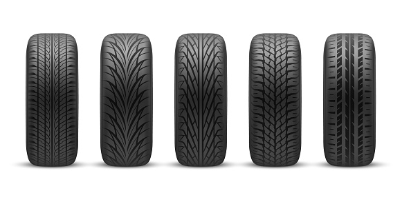 Car tires with different tread patterns, vector realistic 3d mockup isolated objects. Front side view modern car tires with winter or summer road protector thread pattern, auto service elements