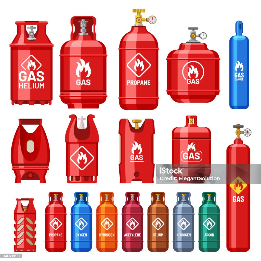 Different gas cylinders with valve and meter gauge - Royalty-free Gás natural arte vetorial