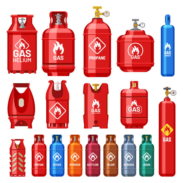 ilustrações de stock, clip art, desenhos animados e ícones de different gas cylinders with valve and meter gauge - botija de gas