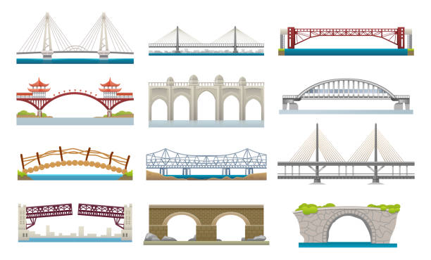 stockillustraties, clipart, cartoons en iconen met verschillende soorten bruggen architectuur platte pictogrammen - ophaalbrug