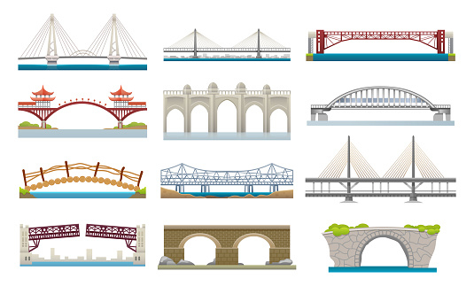 Bridges architecture, vector flat simple icons set. Different types of bridges, movable and hanging suspension bridge with transportation ways over river, Chinese or Japanese, wooden and stone bridges