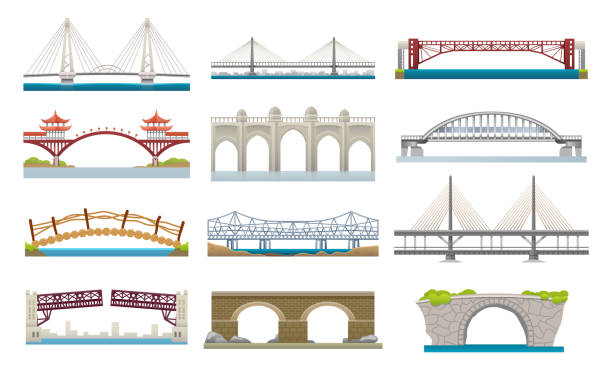 Different types of bridges architecture flat icons Bridges architecture, vector flat simple icons set. Different types of bridges, movable and hanging suspension bridge with transportation ways over river, Chinese or Japanese, wooden and stone bridges hanging stone stock illustrations