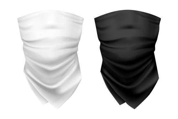 Blank wear for neck or set of realistic shawl Blank wear for neck or set of realistic black and white scarf, shawl template. Woman and man, unisex head mask or headband. Headware mock-up. Warm clothing or western uniform. black shawl wrap stock illustrations