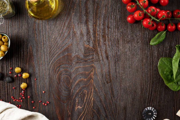 istock Top view of a dark wooden table with empty space. 1281956667
