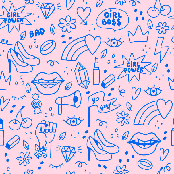 Girl Power seamless pattern. Girl Power seamless pattern. Vector illustration with lips, hearts, phrases, flowers,  rainbows, crowns and etc. It can be used for wallpaper, packaging, and textiles. girl power stock illustrations