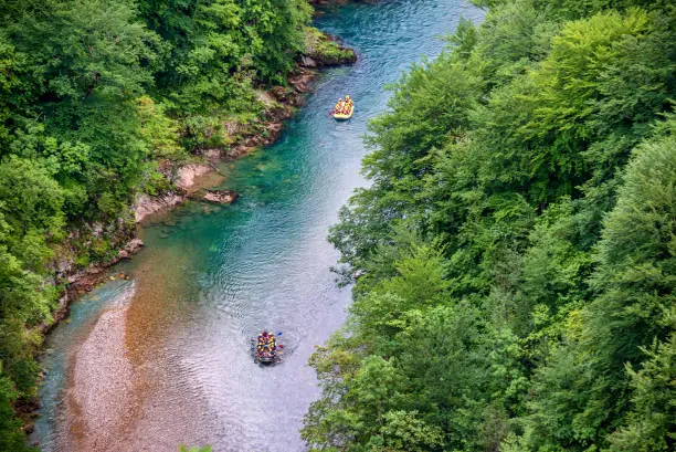 Rafting on the river Tara, Durmitor National Park, Montenegro. Top view
