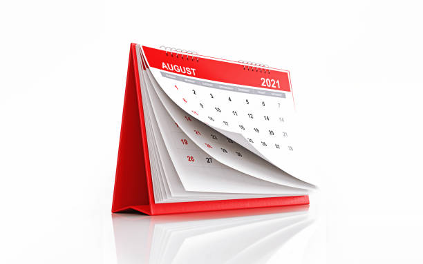 istock 2021 Red August Calendar Standing on White Reflective Background 1281963018