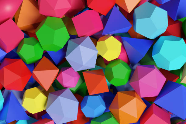 polyhedra of different colors. platonic solids. 3d illustration. - the polyhedron imagens e fotografias de stock