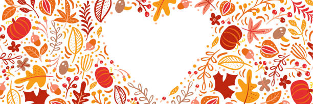 herbstblätter, früchte, beeren und kürbisse säumen herzrahmen hintergrund mit raumtext. saisonale blumen ahorn eiche orange blätter für thanksgiving day - autumn backgrounds leaf thanksgiving stock-grafiken, -clipart, -cartoons und -symbole