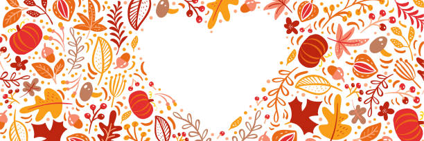 Autumn leaves, fruits, berries and pumpkins border heart frame background with space text. Seasonal floral maple oak tree orange leaves for Thanksgiving Day Autumn leaves, fruits, berries and pumpkins border heart frame background with space text. Seasonal floral maple oak tree orange leaves for Thanksgiving Day. thanksgiving background stock illustrations