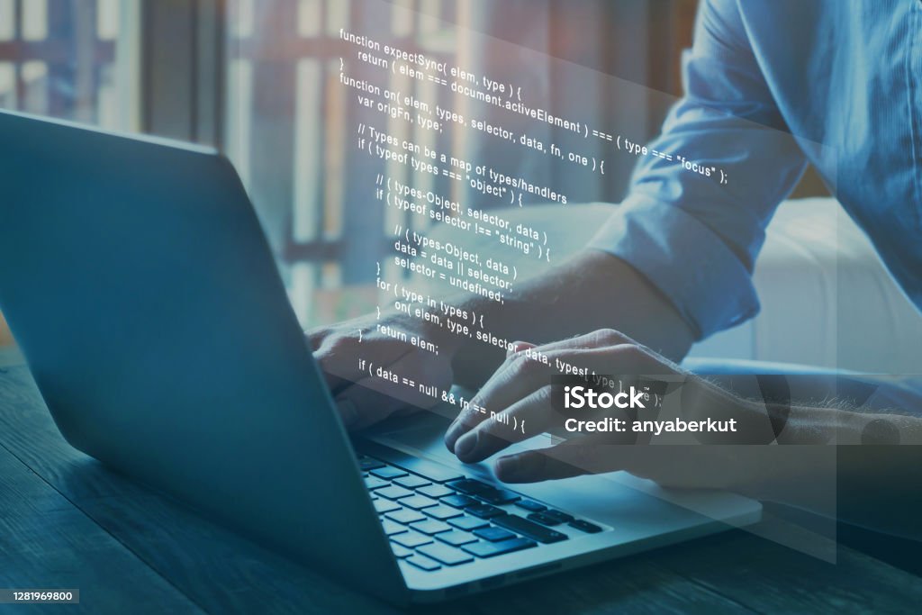 programmer writing programming code programmer writing programming code script on the virtual screen Coding Stock Photo