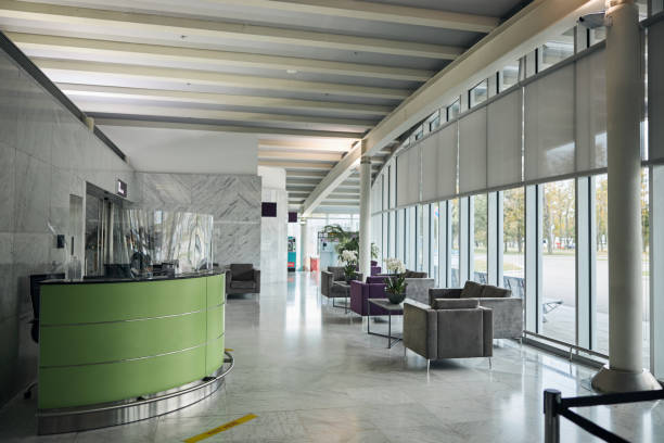 istock Foyer with floor-to-ceiling windows and modern furniture 1281970113