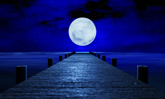 The full moon at night was full of stars and a faint mist. A wooden bridge extended into the sea. Fantasy image at night, super moon, sea water wave. 3D Rendering