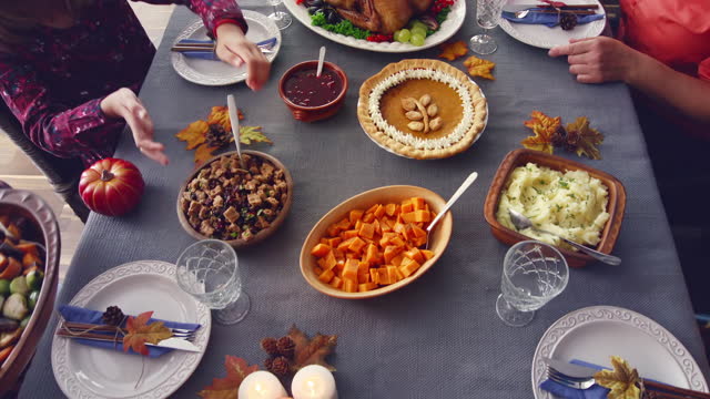 Family Having Traditional Holiday Dinner with Stuffed Turkey, Roasted Potatoes, Cranberry Sauce, Vegetables and Pumpkin Pie