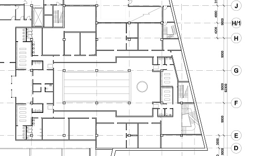 Architectural background. Part of architectural project, architectural plan of a public building. Spa center with swimming pool