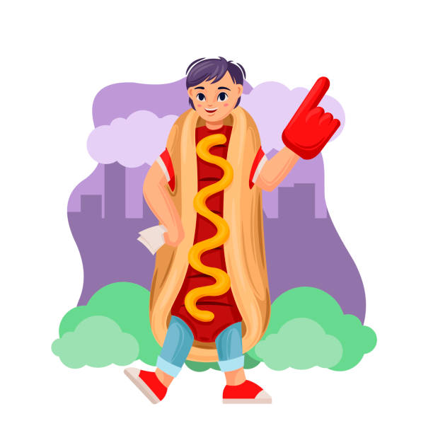 cartoon farbe charakter person mann werbung anzug hotdog konzept. vektor - wearing hot dog costume stock-grafiken, -clipart, -cartoons und -symbole