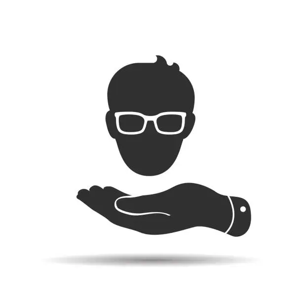 Vector illustration of flat hand showing man head with glasses icon in trendy flat styl