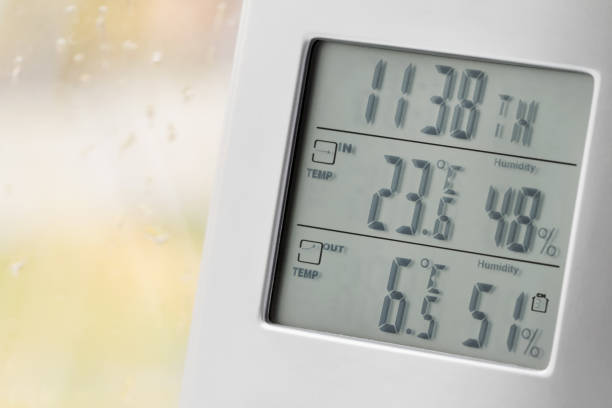 istock Weather station device with weather conditions inside and outside. Background of a window with raindrops. Yellow background, golden autumn. Selective focus 1281986607