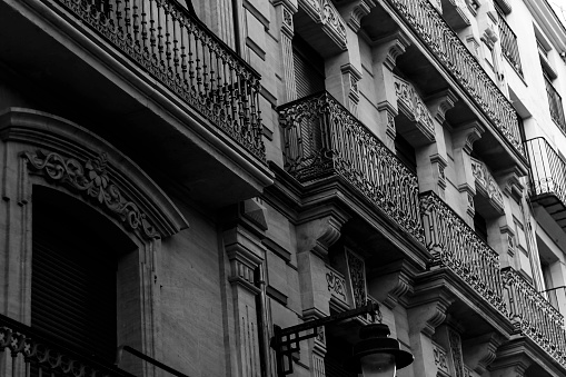 View of an old house facade with balconies in Alcoi, Alicante, Spain.