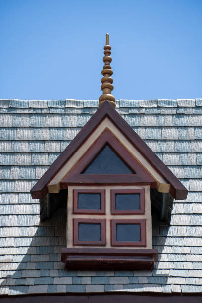 Ceramic tile roof with chimney and white wall, blue sky as background.