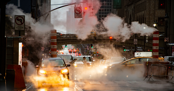 New York, USA, October 04, 2020. Street traffic through the busy streets of Manhattan during the Covid-19 outbreak. Manhattan is the most densely populated of New York City’s 5 boroughs