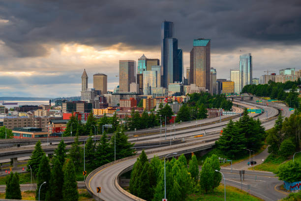istock Seattle, Washington, USA downtown skyline and highways at dusk. 1281988513