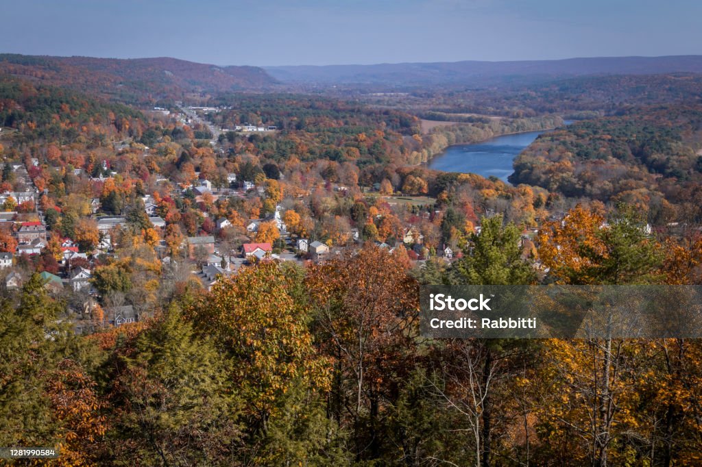 Milford, PA, and the Delaware River from scenic overlook on a sunny fall day Pocono Mountains Region Stock Photo