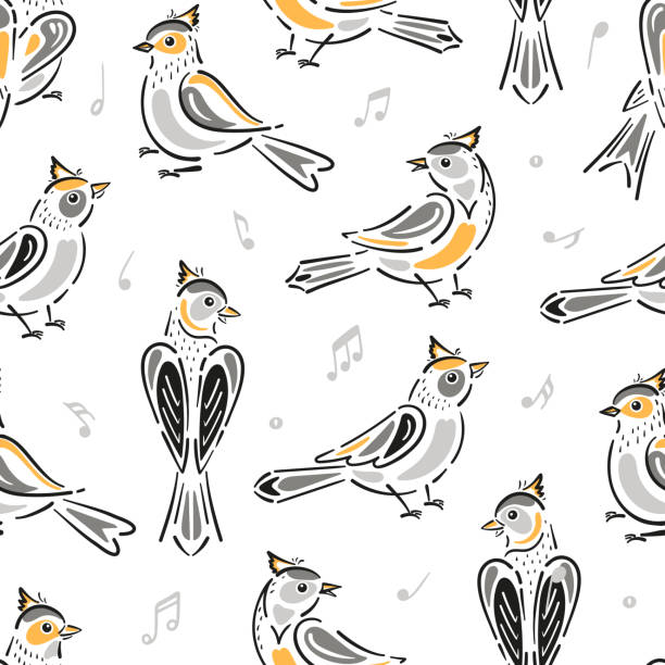 vögel und musikalische noten nahtlose muster. herde von zwitschernden vögeln vektor hintergrund - bird singing music pattern stock-grafiken, -clipart, -cartoons und -symbole