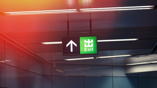 Exit Sign with siren light, Direction to the emergency exit. 3D illustration