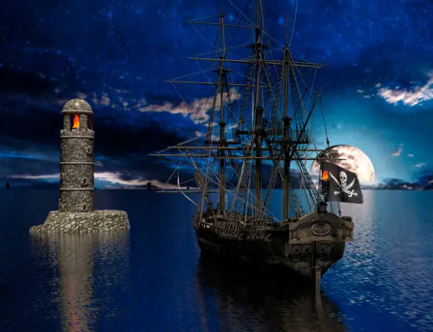 Pirate sailship near the old lighthouse with fire at moonlight - 3d rendering