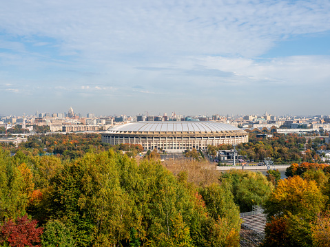 Russia, Moscow, September,31 2020. Autumn view of Luzhniki sports complex in Moscow.