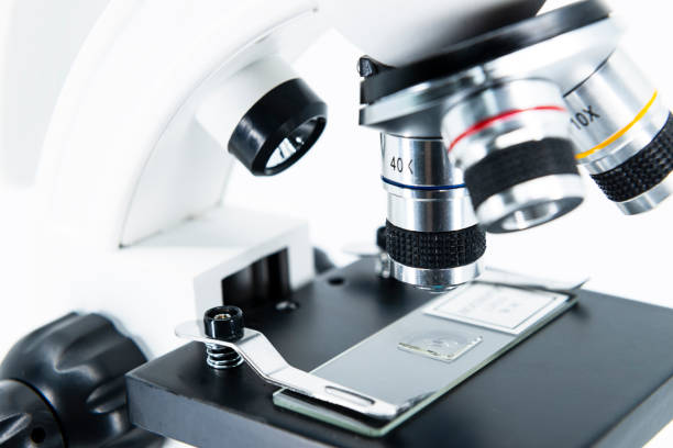 Close-up of microscope. Basic instrument of science and biology stock photo