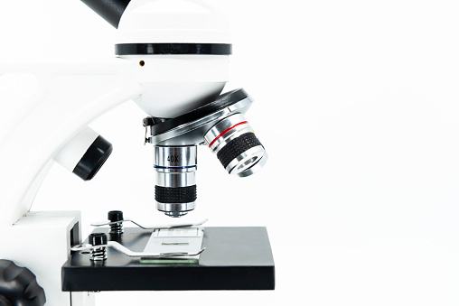 Close-up of microscope. Basic instrument of science and biology