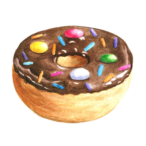 istock Watercolor chocolate donut, hand drawn delicious food illustration, isolated on white background. 1282003197