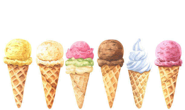 lody akwarelowe w zestawie stożka gofrowczego, wyizolowane na białym tle. czekolada, banan, truskawka, pistacje i wanilia smaki. ręcznie rysowana ilustracja żywności. - ice cream cone ice cream vanilla ice cream isolated stock illustrations