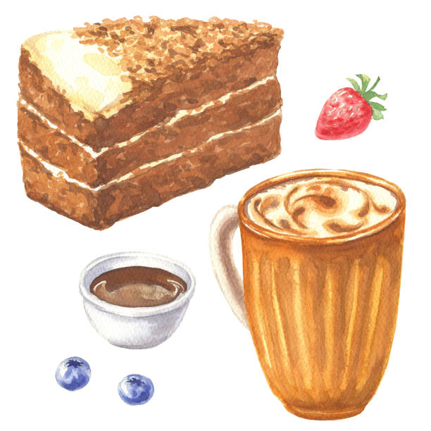 手描きのカプチーノコーヒー、ニンジンスポンジケーキ、ホットリキッドチョコレート、ブルーブライ、イチゴの手描きのカップは、白い背景に分離されています。秋季デザート食品イラス� - hot chocolate coffee isolated on white cup点のイラスト素材／クリップアート素材／マンガ素材／アイコン素材