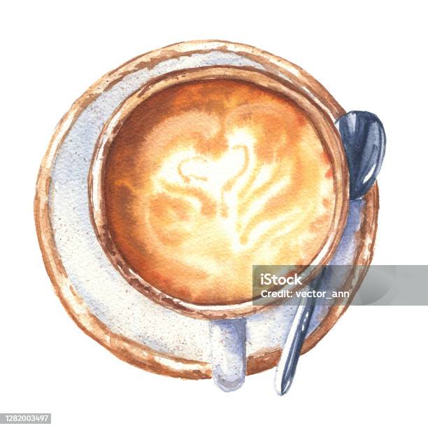 Cangkir Kopi Cat Air Latte Atau Cappuccino Cup Flat Lay Terisolasi Di