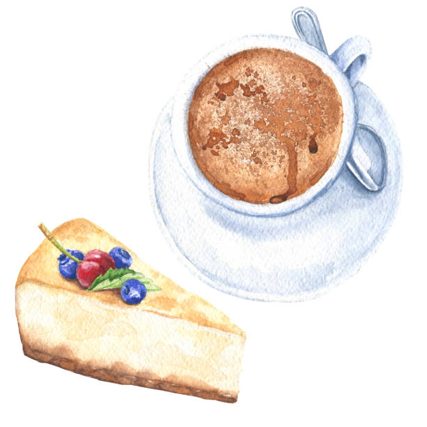 istock Watercolor hand drawn cup of coffee with classical cheesecake, perfect dessert serving, food design, illustration isolated on white background. 1282003668