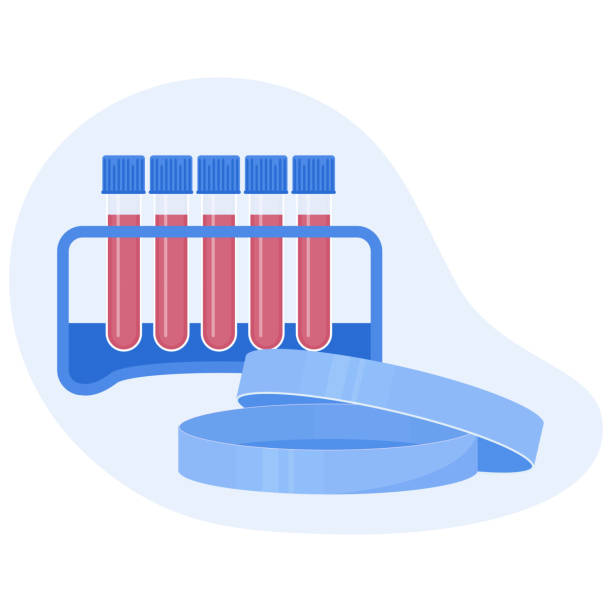 ilustraciones, imágenes clip art, dibujos animados e iconos de stock de plato de petri con estante de tubos de análisis de sangre - petri dish bacterium virus laboratory