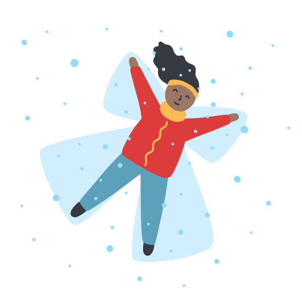 Girl making snow angel. Cute winter illustration. Vector girl lying in the snow Girl making snow angel. Cute winter illustration. Vector girl lying in the snow snow angels stock illustrations