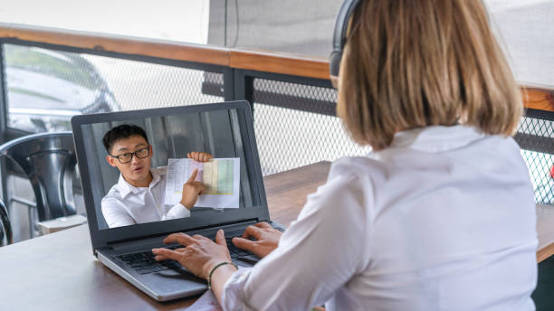 istock Rear view of woman listen tutor gain new knowledge 1282007804